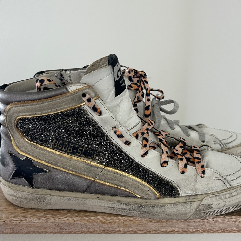Golden Goose.   slide  with Leopard Laces leather silver